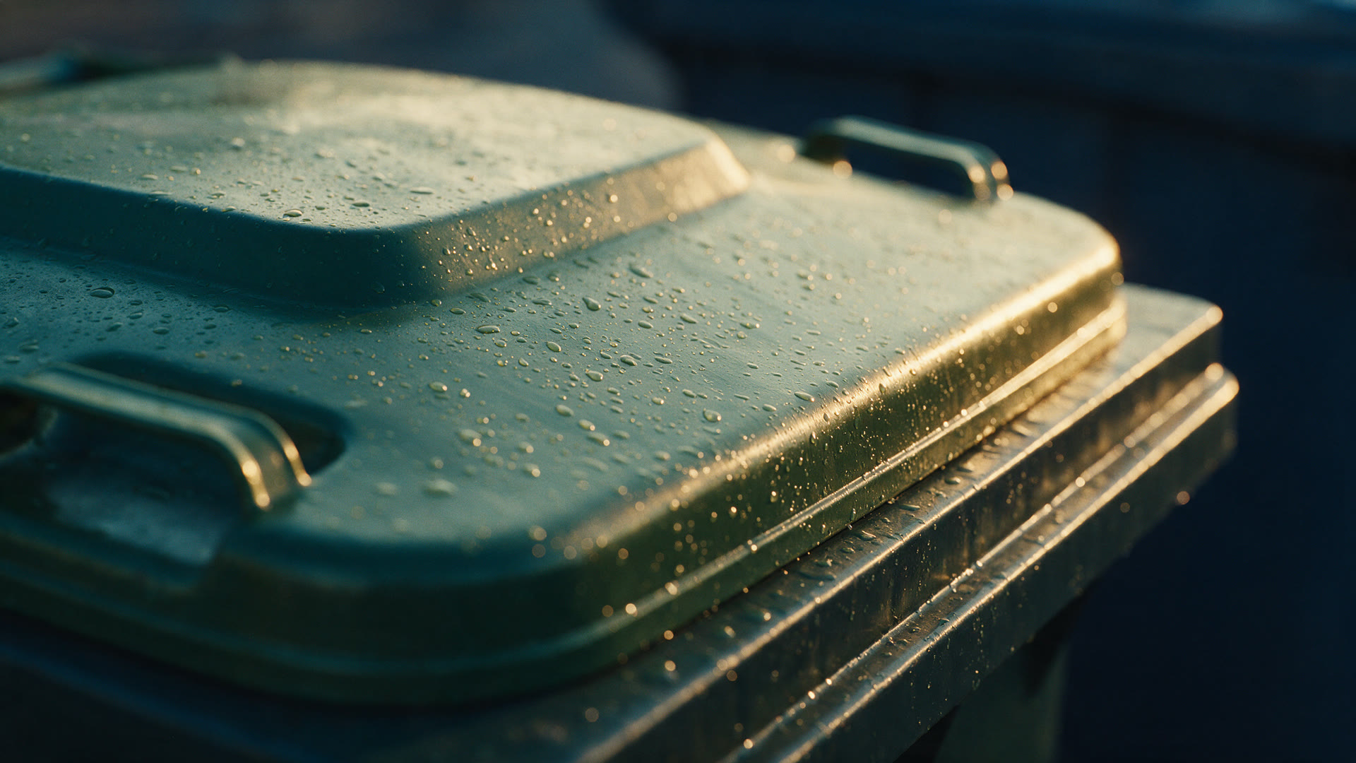 A freshly cleaned bin covered in water droplets